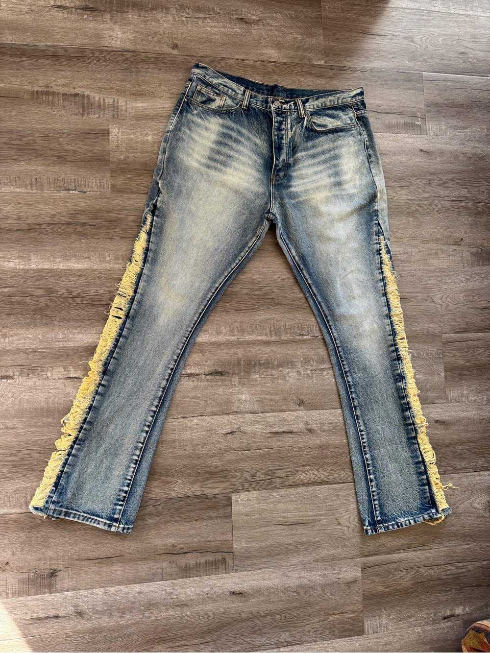 MNML Distressed Side Fringe Denim Jeans Size 38 Blue Wash Streetwear